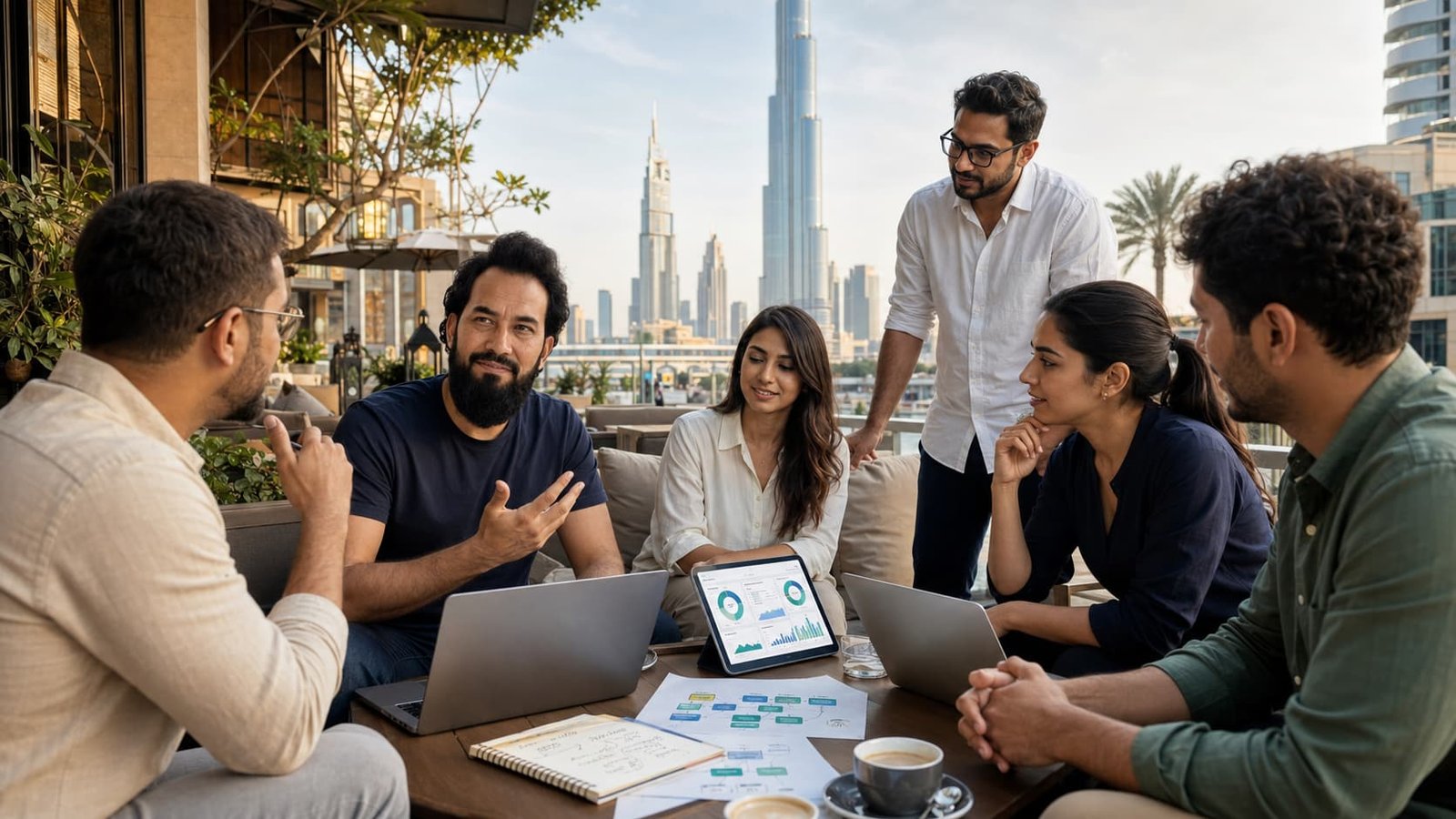 Business team planning AI business growth solutions using websites, automation and data